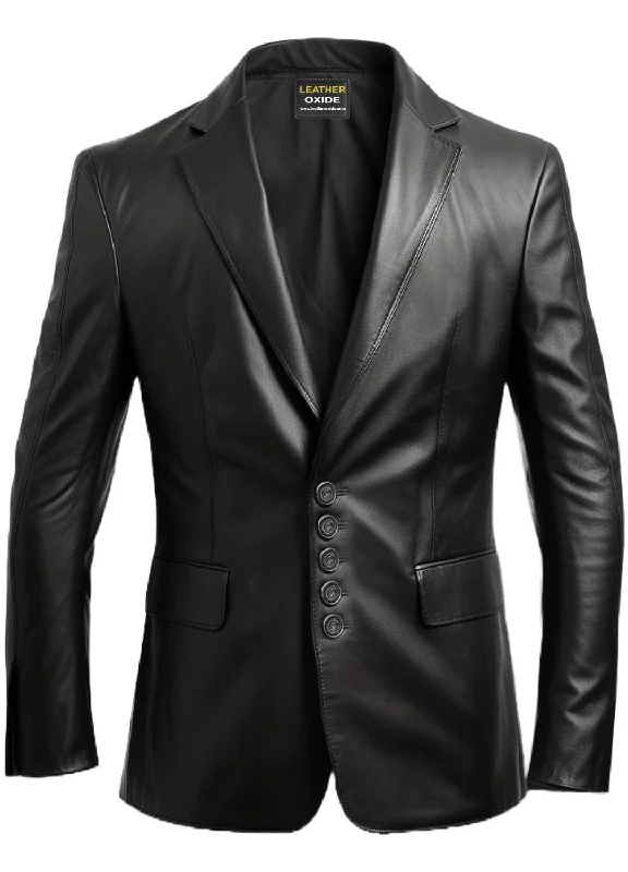 Men's Coats with Inner PocketsMen Five Button Black Leather Blazer