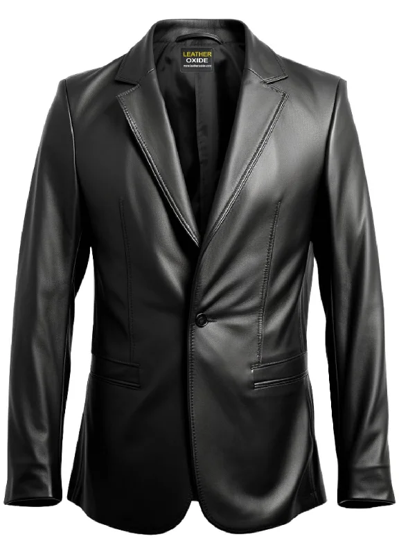 Men's Coats with Vintage StyleMen One Button Black Leather Blazer