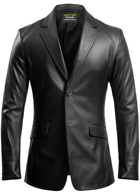 Men's Coats with Water-Repellent FabricMen Two Button Black Leather Blazer