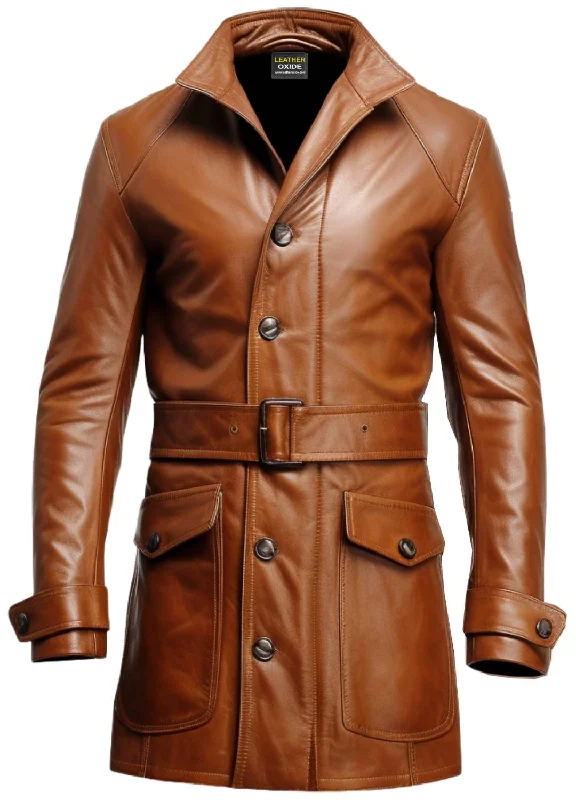 Affordable Men's Winter CoatsMen Vintage Big Pockets Tan Brown Leather Coat - Leather Long Coat
