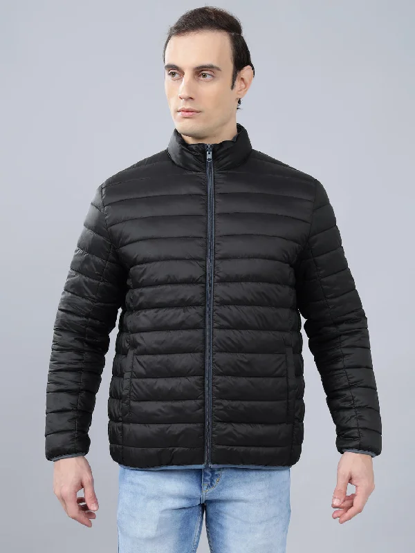 Versatile Men's Pea CoatsMen's Blue Solid Mock Neck Reversible Winter Jacket