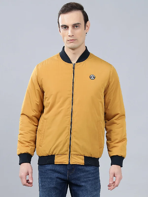 Best Men's Leather CoatsMen's Mustard Solid Mock Neck Reversible Winter Jacket