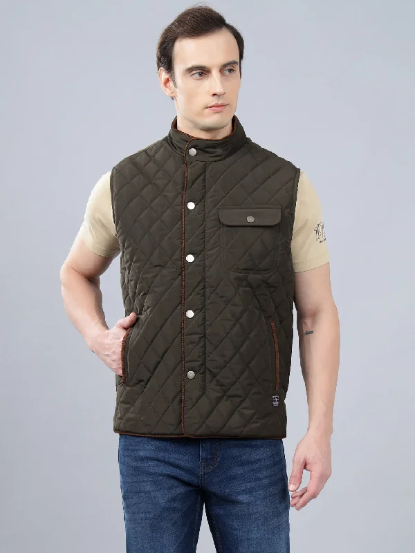 Men's Coats with Magnetic ClosuresMen's Olive Green Solid Band Neck Winter Jacket