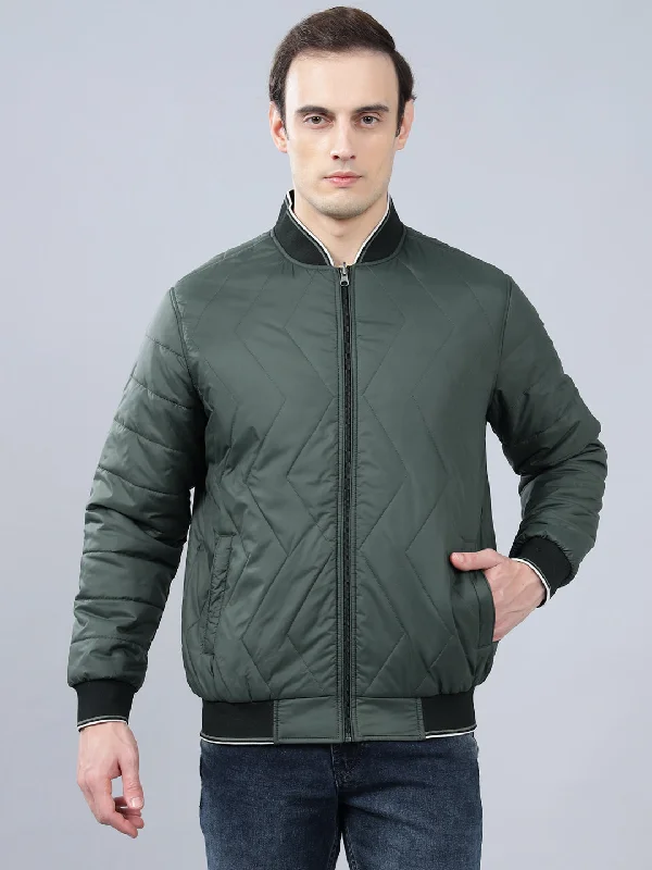 Cool Men's Pea CoatsMen's Olive Green Solid Mock Neck Reversible Winter Jacket