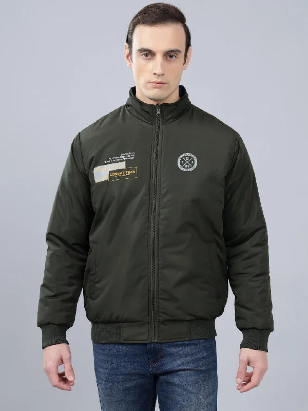 Men's Coats with ZippersMen's Olive Green Solid Mock Neck Reversible Winter Jacket
