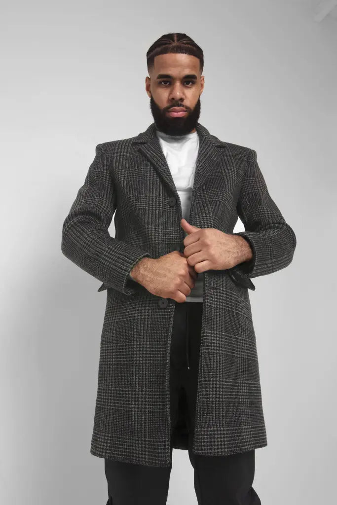 Elegant Men's Wool CoatsMens Single Breasted Check Design Overcoat