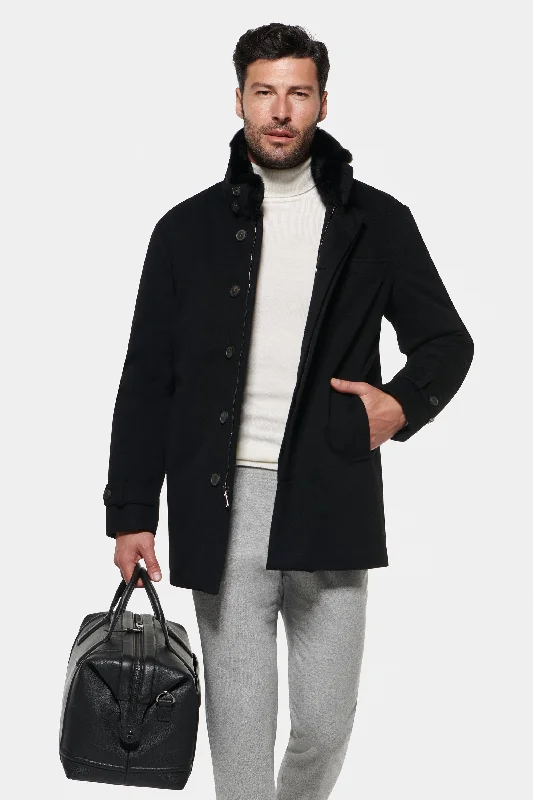 Men's Coats with Tactical FeaturesPure Cashmere Fur Trimmed Car Coat, Black