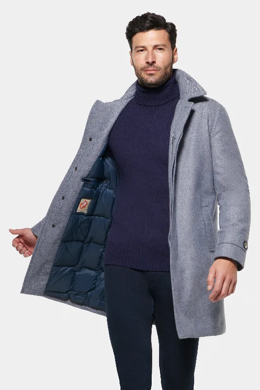 Men's Coats with LiningPure Cashmere ¾ Length, Light Grey Blue Herringbone