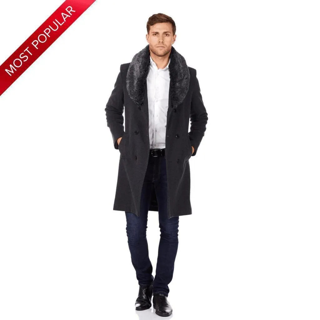 Fashionable Men's Denim JacketsMens Wool Mix Overcoat With Faux Fur Collar