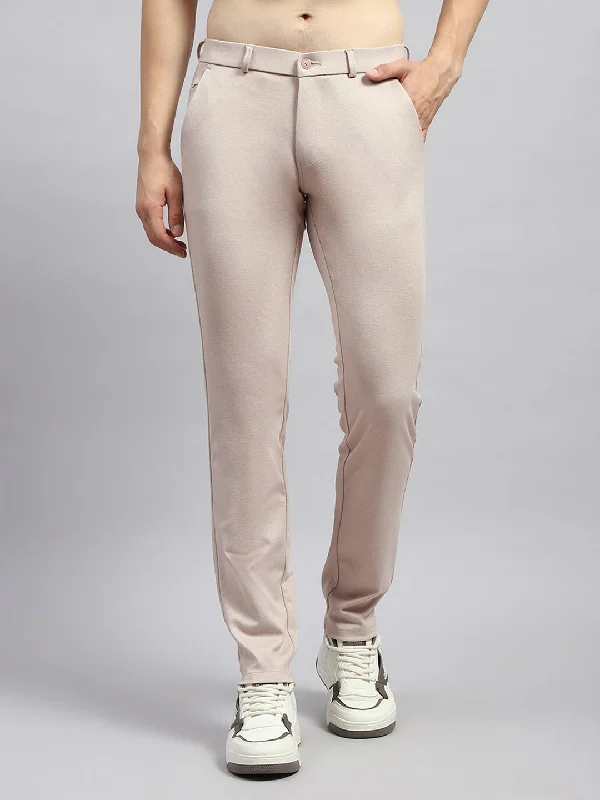 Men's Twill Pants for a Dressy LookMen Beige Solid Regular Fit Trouser