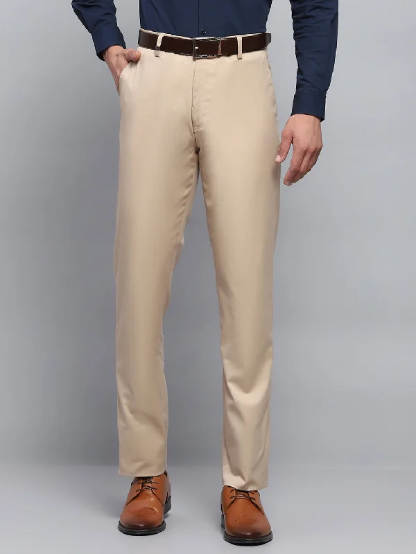 Men's High-Waisted Pants for a Retro StyleMen Beige Solid Smart Fit Trouser