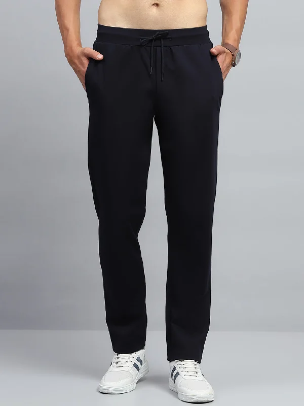 Men's Patterned Pants with PlaidsMen Navy Blue Solid Regular Fit Lower