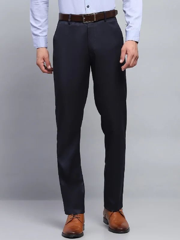 Men's Zippered Pants for SecurityMen Navy Blue Solid Smart Fit Trouser