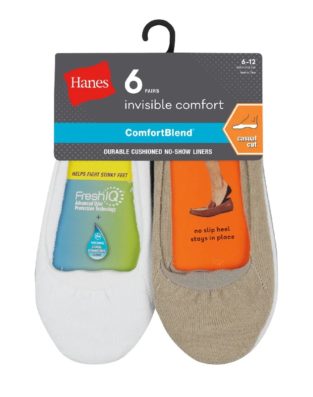 Hanes Mens ComfortBlend Cushioned No-Show Liner Socks Casual Cut 6-Pack
